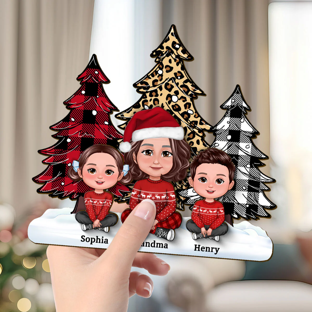 Leopard Checkered Pattern Christmas Tree Grandma Grandkids Personalized 2-Layer Standing Wooden Plaque - Image 5