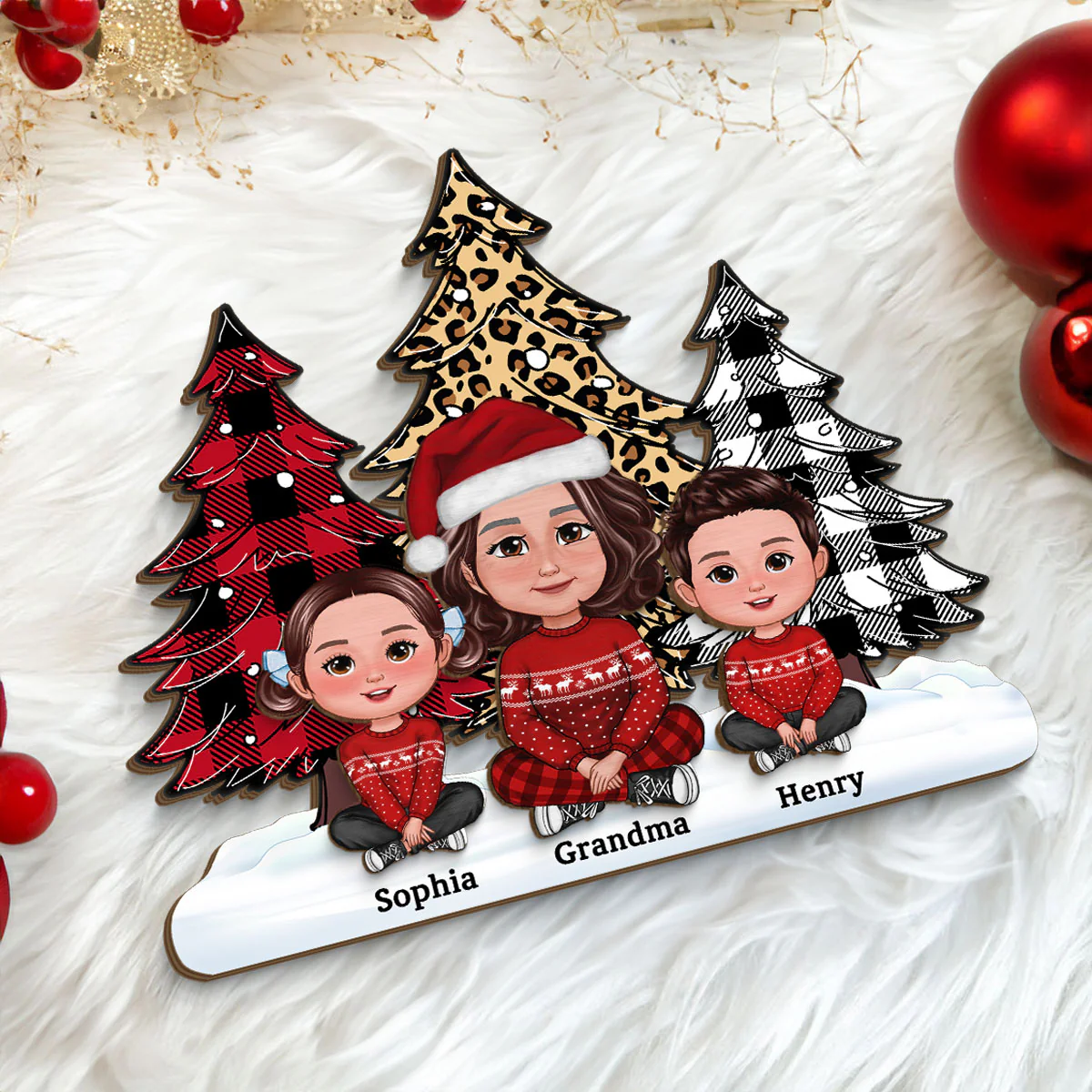 Leopard Checkered Pattern Christmas Tree Grandma Grandkids Personalized 2-Layer Standing Wooden Plaque - Image 6