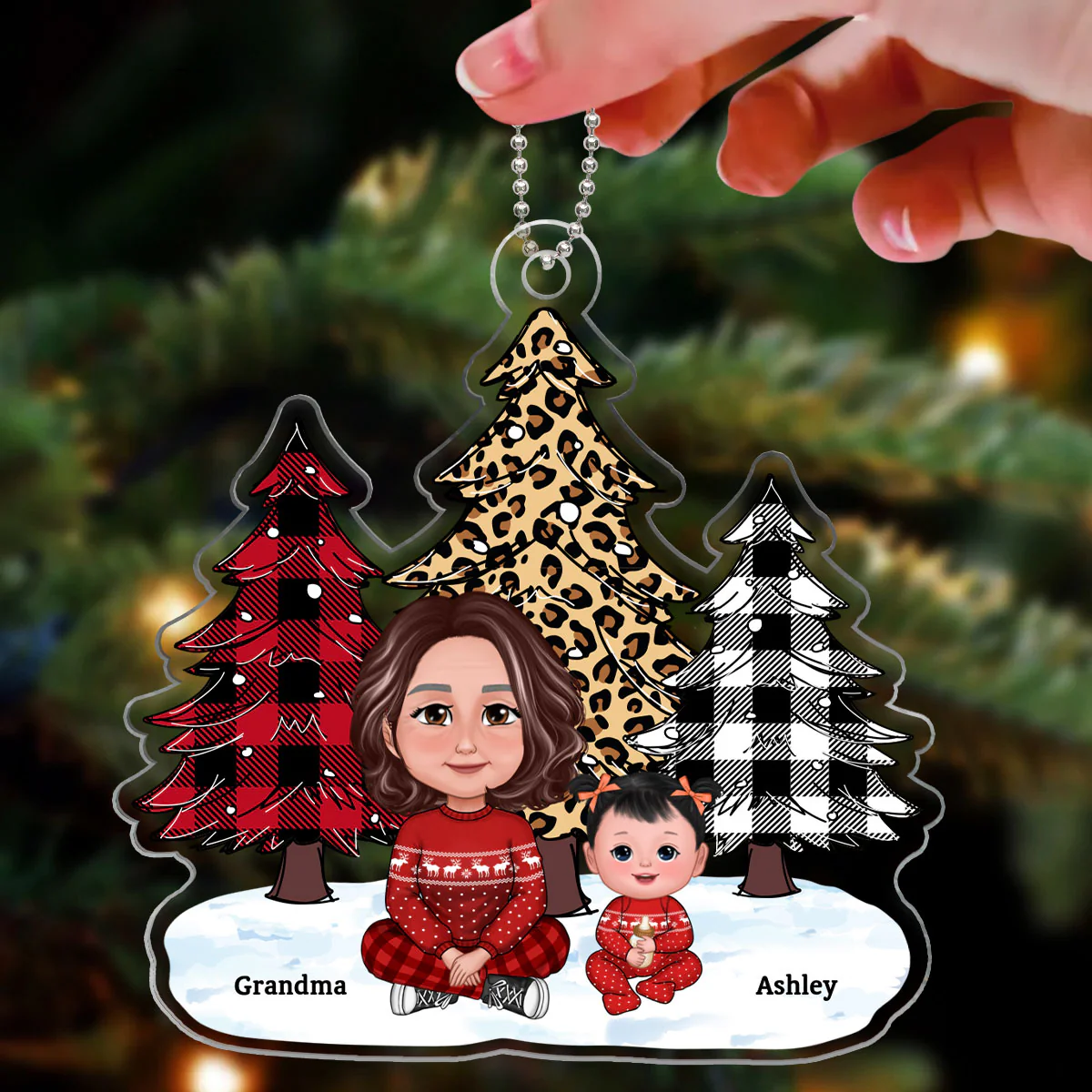 Leopard Checkered Pattern Christmas Tree Grandma Grandkids - Personalized Acrylic Ornament - Image 3