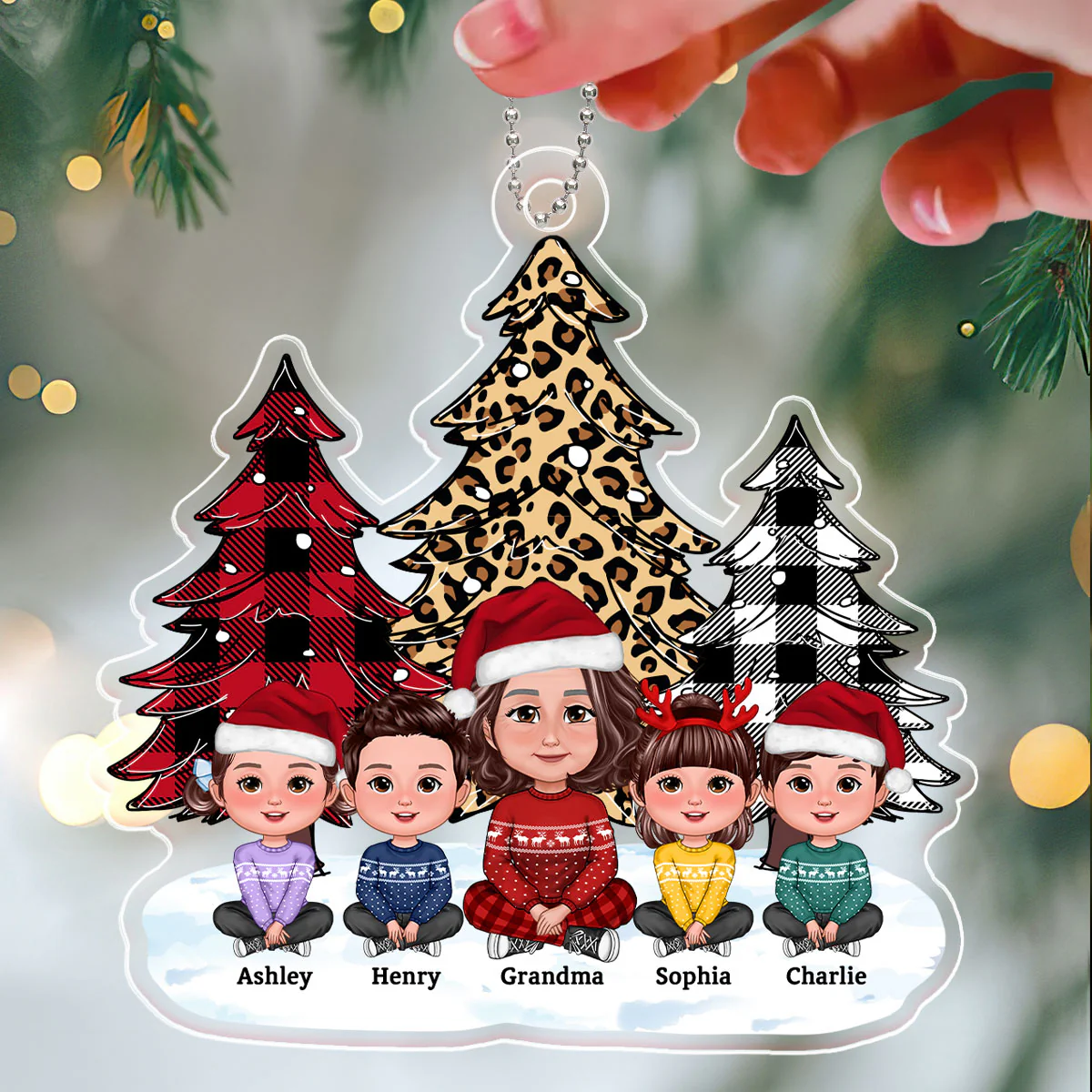 Leopard Checkered Pattern Christmas Tree Grandma Grandkids - Personalized Acrylic Ornament - Image 8