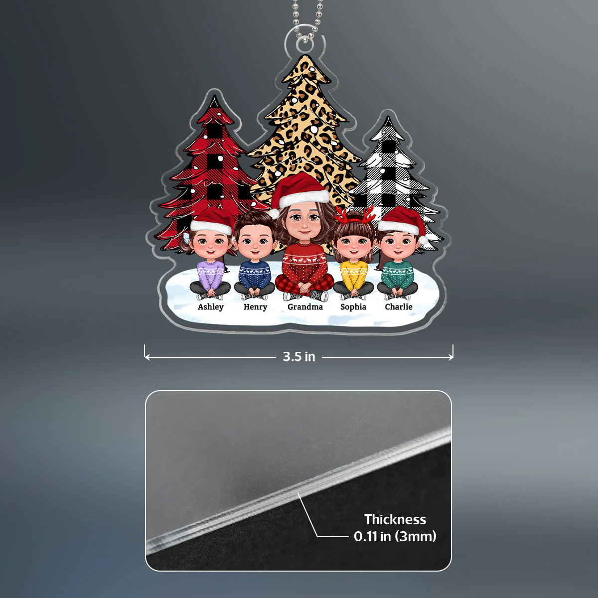 Leopard Checkered Pattern Christmas Tree Grandma Grandkids Personalized Acrylic Ornament - Image 4