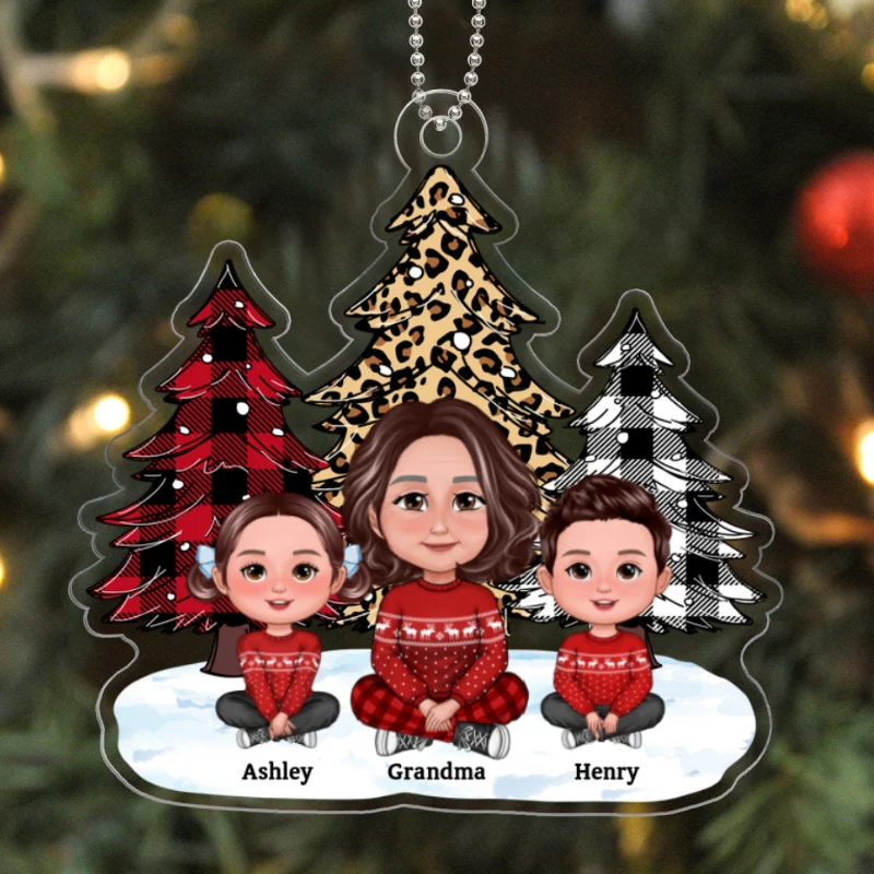 Leopard Checkered Pattern Christmas Tree Grandma Grandkids Personalized Acrylic Ornament - Image 5