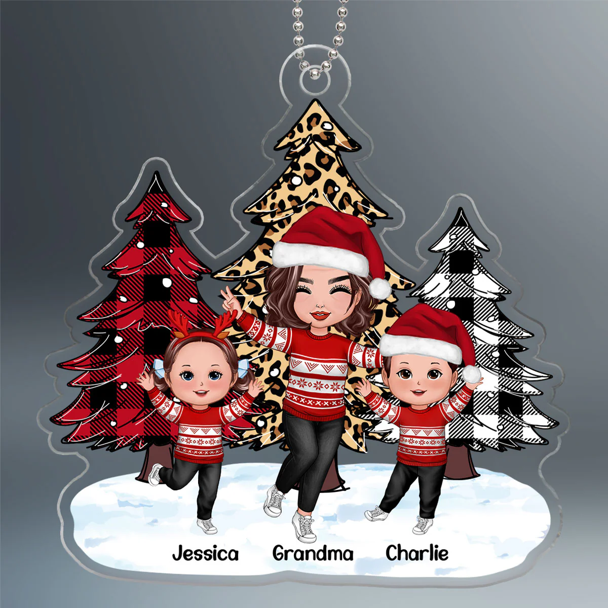 Leopard Checkered Pattern Christmas Tree Happy Grandma Grandkids Personalized Acrylic Ornament - Image 2