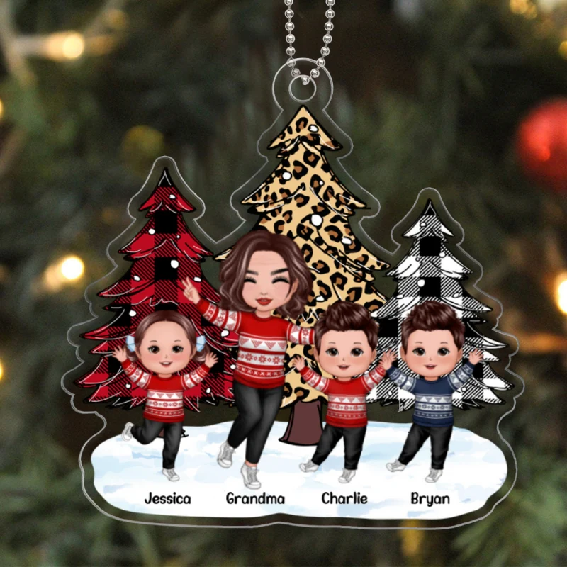 Leopard Checkered Pattern Christmas Tree Happy Grandma Grandkids Personalized Acrylic Ornament - Image 5