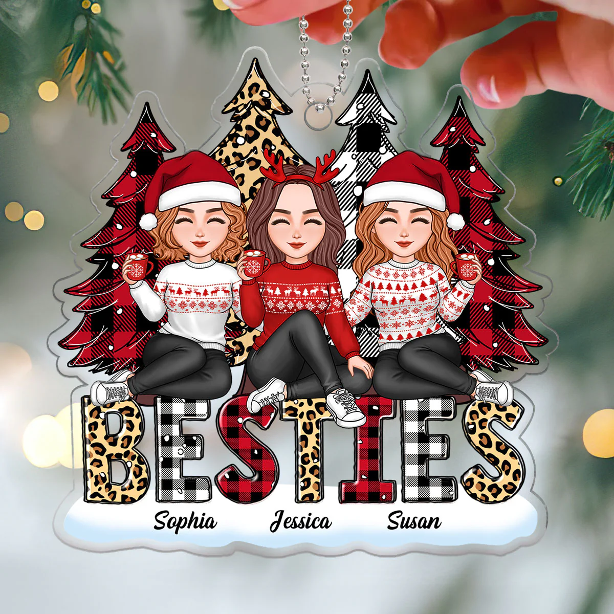 Leopard Checkered Pattern Christmas Trees Cute Besties Sisters Sitting Together Christmas Gift Personalized Acrylic Ornament - Image 3