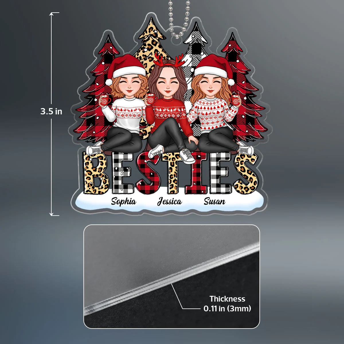 Leopard Checkered Pattern Christmas Trees Cute Besties Sisters Sitting Together Christmas Gift Personalized Acrylic Ornament - Image 4