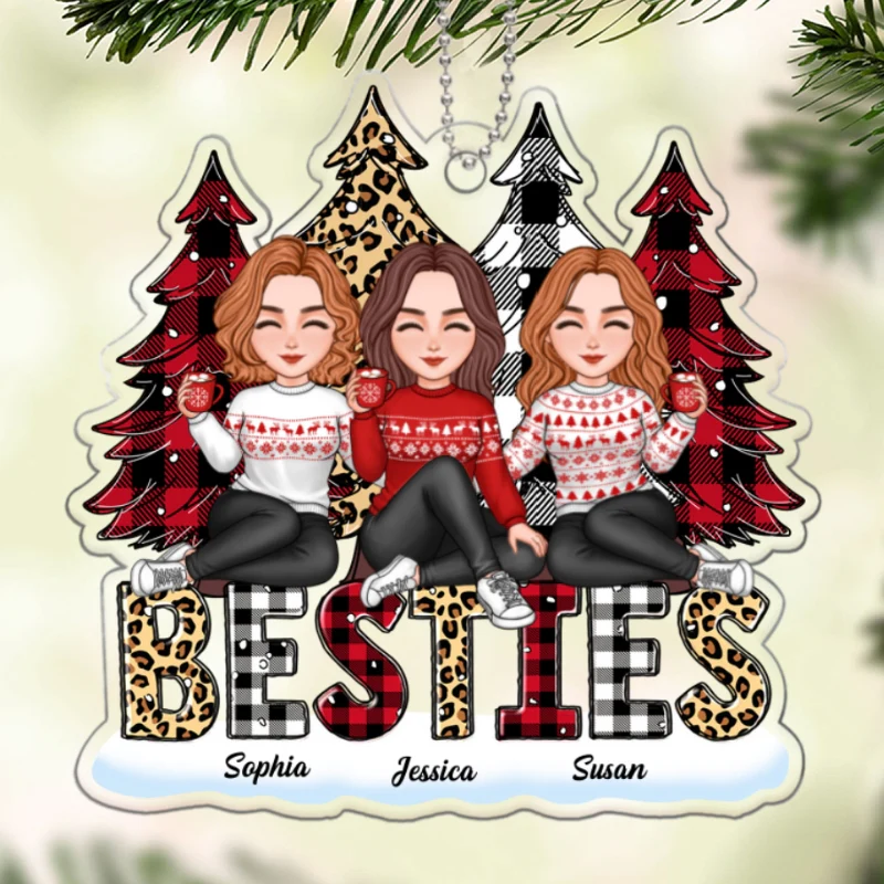 Leopard Checkered Pattern Christmas Trees Cute Besties Sisters Sitting Together Christmas Gift Personalized Acrylic Ornament - Image 5