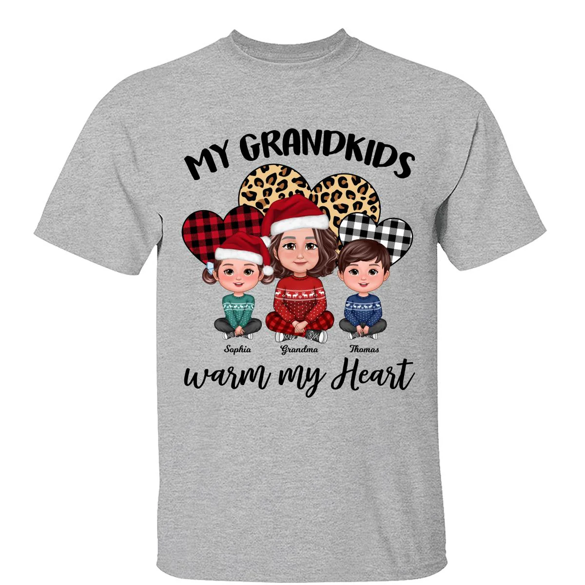Leopard Checkered Pattern Grandkids Warm My Heart Doll Grandma And Kids Sitting Crossed Legs Christmas Personalized Shirt