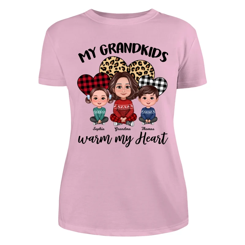 Leopard Checkered Pattern Grandkids Warm My Heart Doll Grandma And Kids Sitting Crossed Legs Christmas Personalized Shirt - Image 11