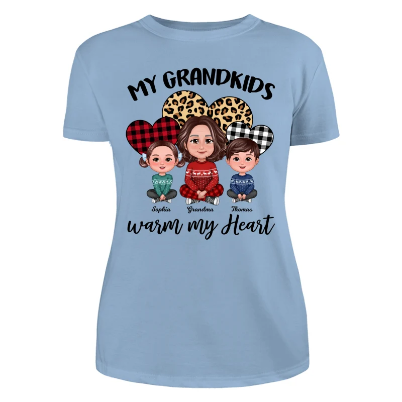 Leopard Checkered Pattern Grandkids Warm My Heart Doll Grandma And Kids Sitting Crossed Legs Christmas Personalized Shirt - Image 12