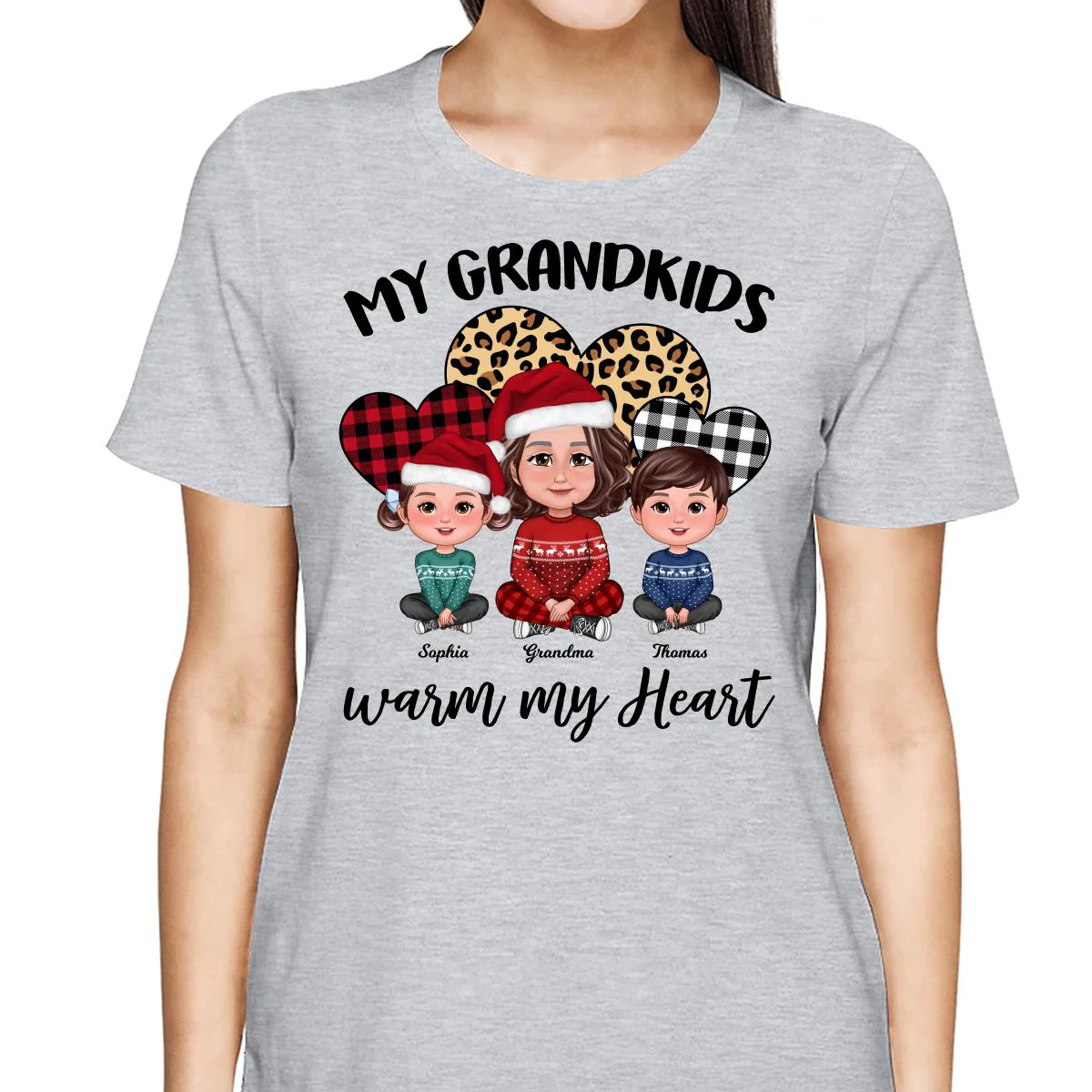 Leopard Checkered Pattern Grandkids Warm My Heart Doll Grandma And Kids Sitting Crossed Legs Christmas Personalized Shirt - Image 2