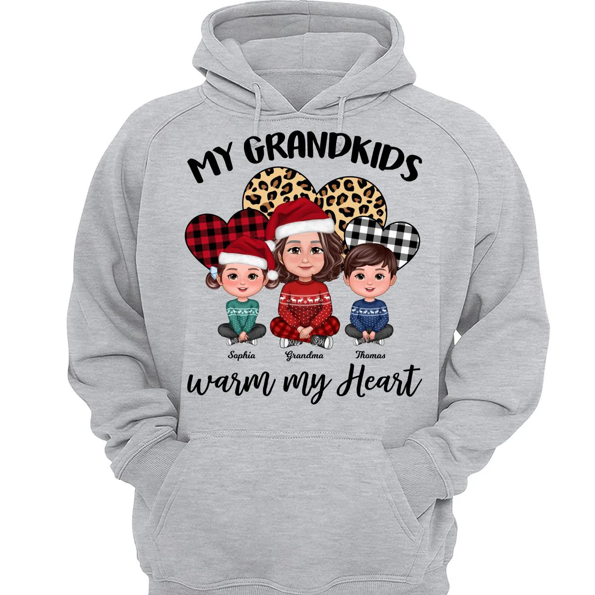 Leopard Checkered Pattern Grandkids Warm My Heart Doll Grandma And Kids Sitting Crossed Legs Christmas Personalized Shirt - Image 3