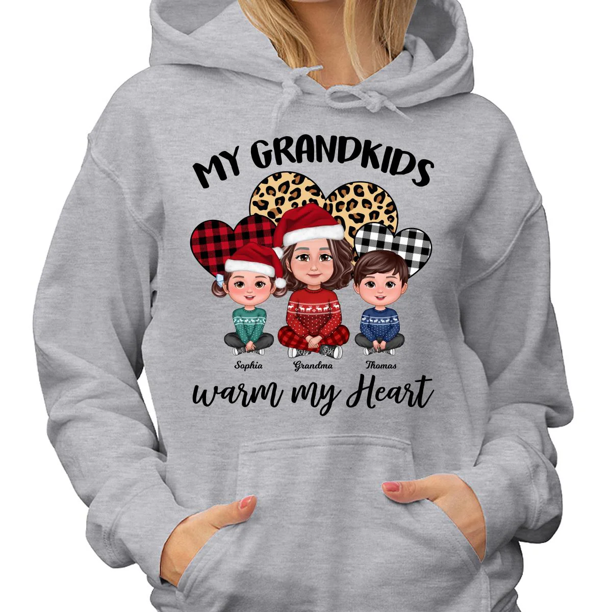 Leopard Checkered Pattern Grandkids Warm My Heart Doll Grandma And Kids Sitting Crossed Legs Christmas Personalized Shirt - Image 4
