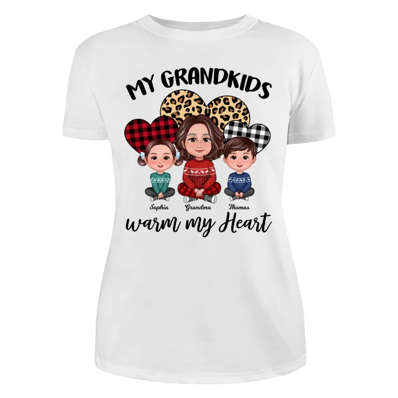 Leopard Checkered Pattern Grandkids Warm My Heart Doll Grandma And Kids Sitting Crossed Legs Christmas Personalized Shirt - Image 9