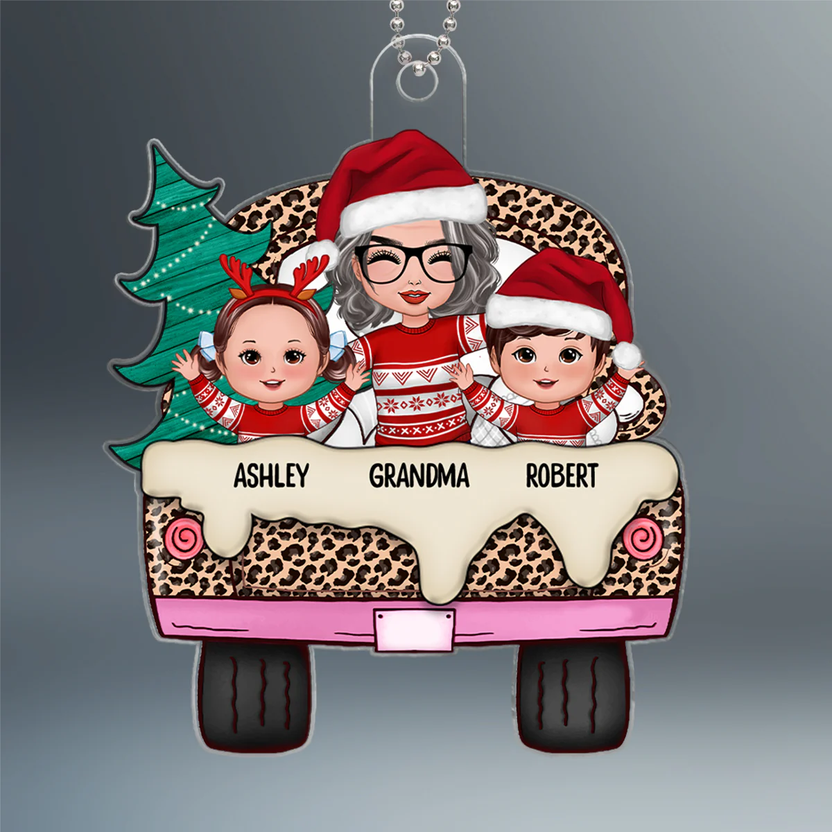 Leopard Christmas Truck Happy Doll Grandma Grankids Personalized Acrylic Ornament - Image 2