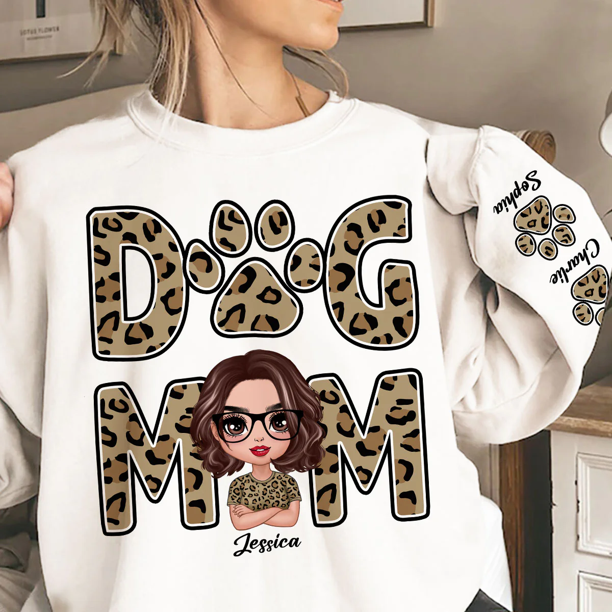 Leopard Dog Mom Gift For Dog Lovers Personalized Sleeve Printed Sweatshirt - Image 5