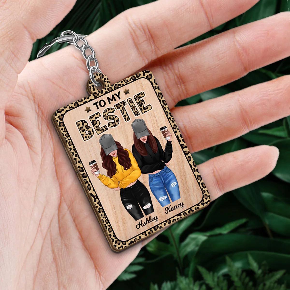 Leopard Front View Besties To My Bestie Personalized Wooden Keychain - Image 2