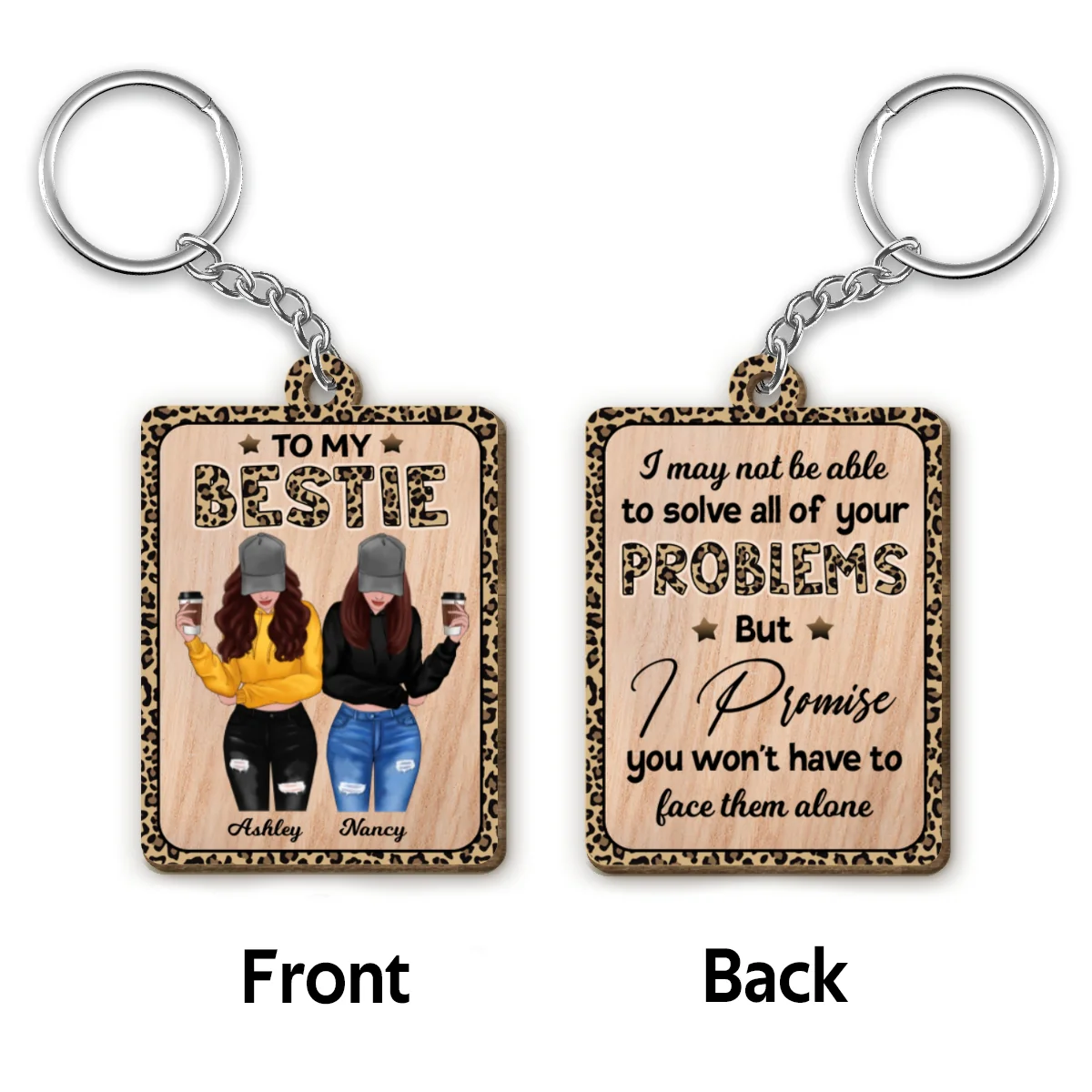 Leopard Front View Besties To My Bestie Personalized Wooden Keychain - Image 4