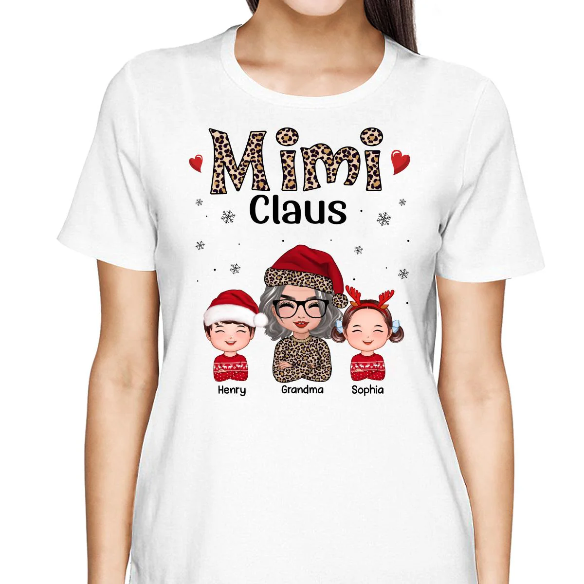 Leopard Grandma Claus Doll Grandma Grandkids Christmas Personalized Shirt - Image 2