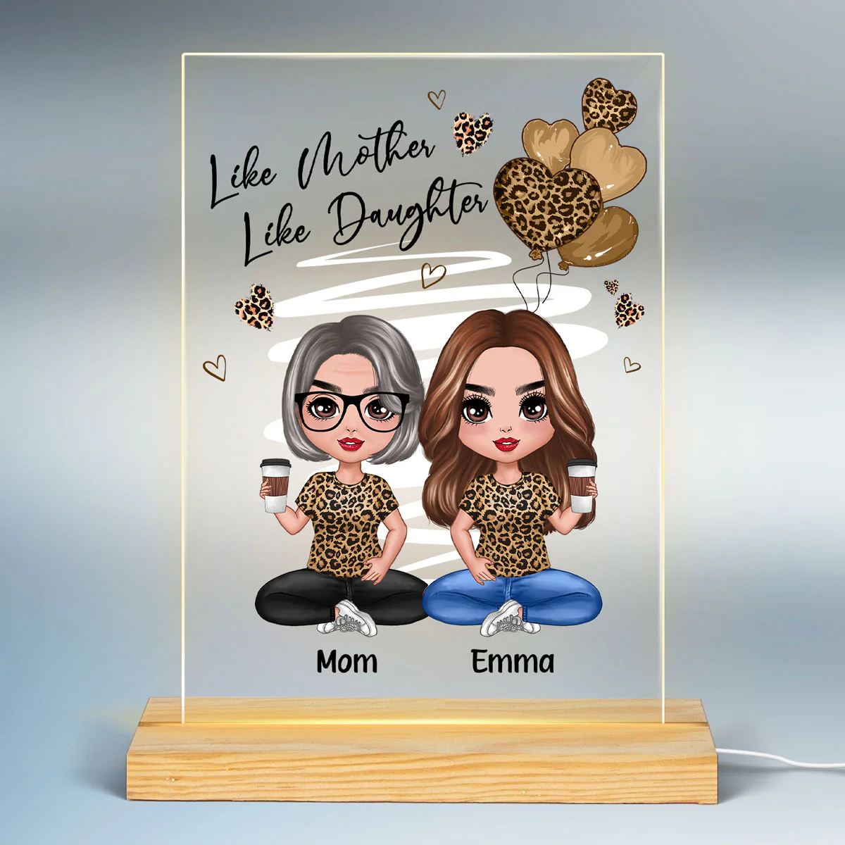 Leopard Hearts Doll Mom And Daughters Sitting Personalized Rectangle Acrylic Plaque LED Night Light - Image 2