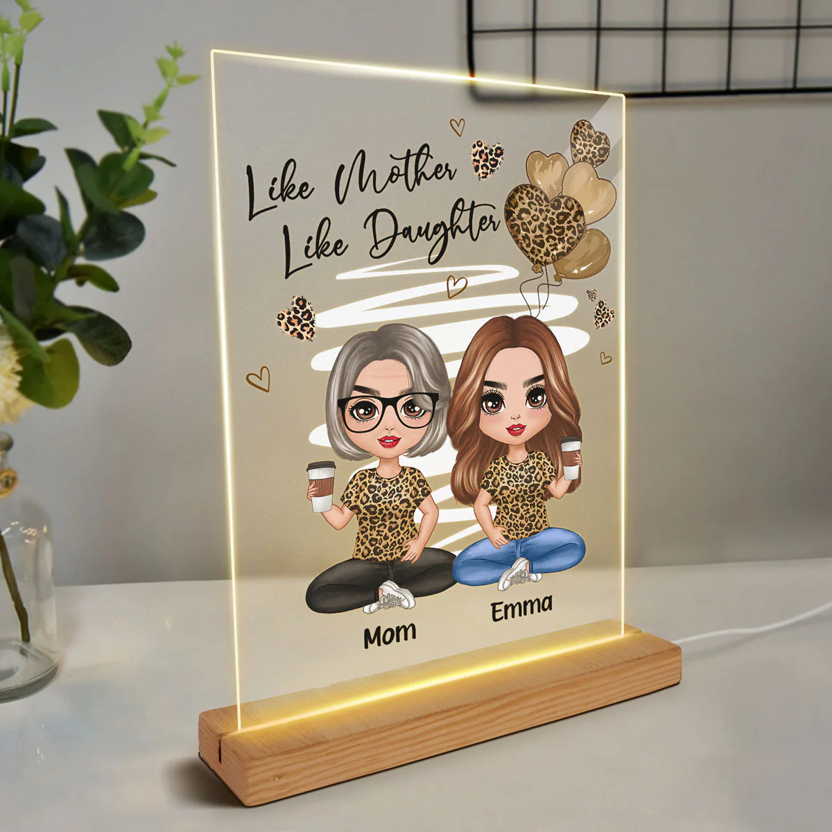 Leopard Hearts Doll Mom And Daughters Sitting Personalized Rectangle Acrylic Plaque LED Night Light - Image 3