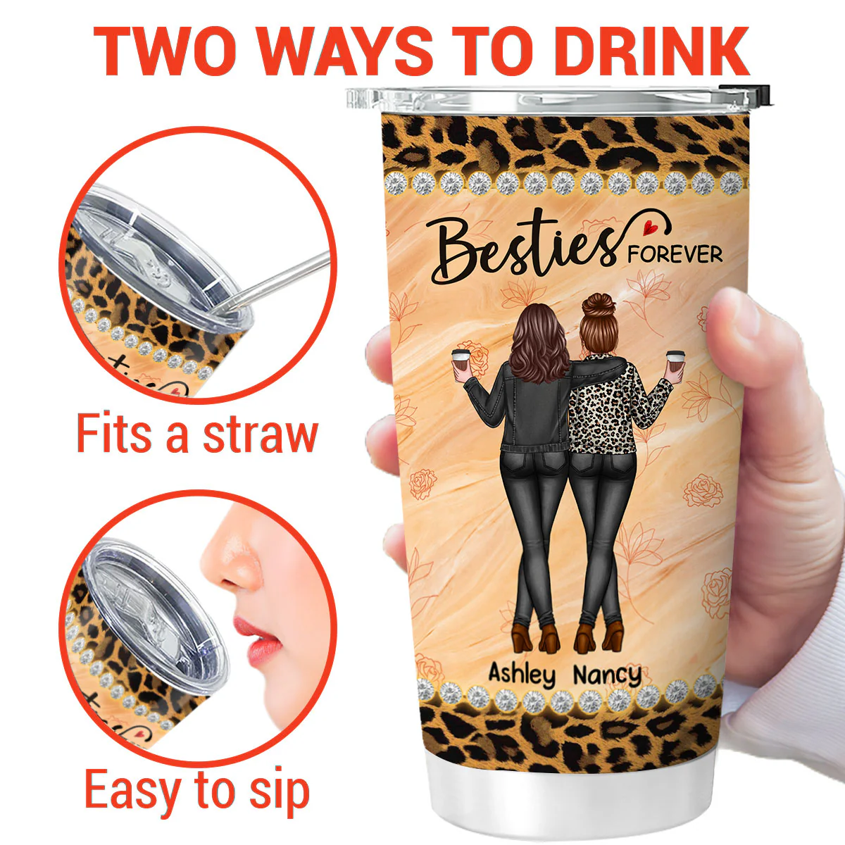 Leopard Pattern Back View Besties Sisters Personalized Tumbler - Image 3
