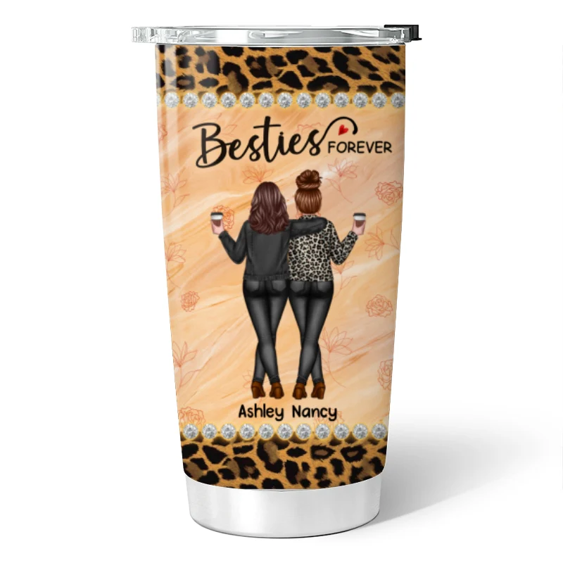 Leopard Pattern Back View Besties Sisters Personalized Tumbler - Image 5