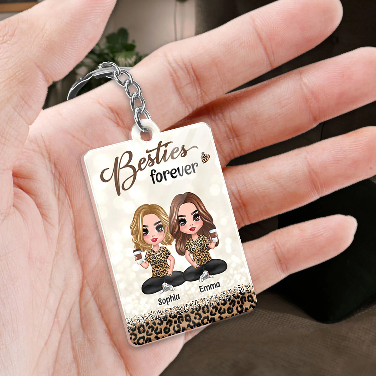 Leopard Pattern Doll Besties Sisters Sitting Favorite Song Scannable QR Code Personalized Acrylic Keychain - Image 2