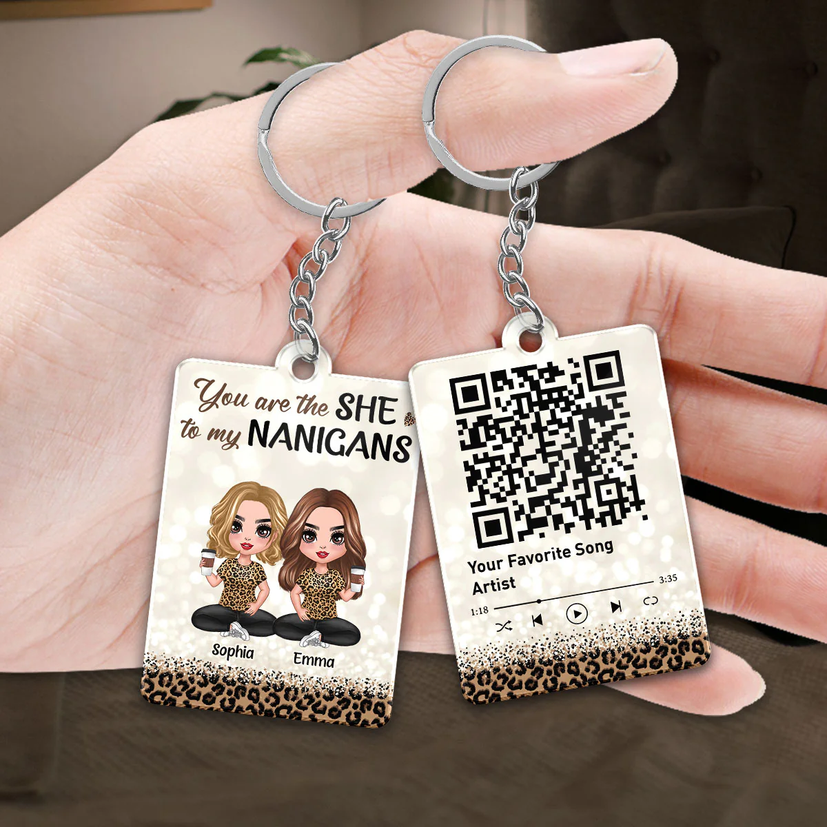 Leopard Pattern Doll Besties Sisters Sitting Favorite Song Scannable QR Code Personalized Acrylic Keychain - Image 3