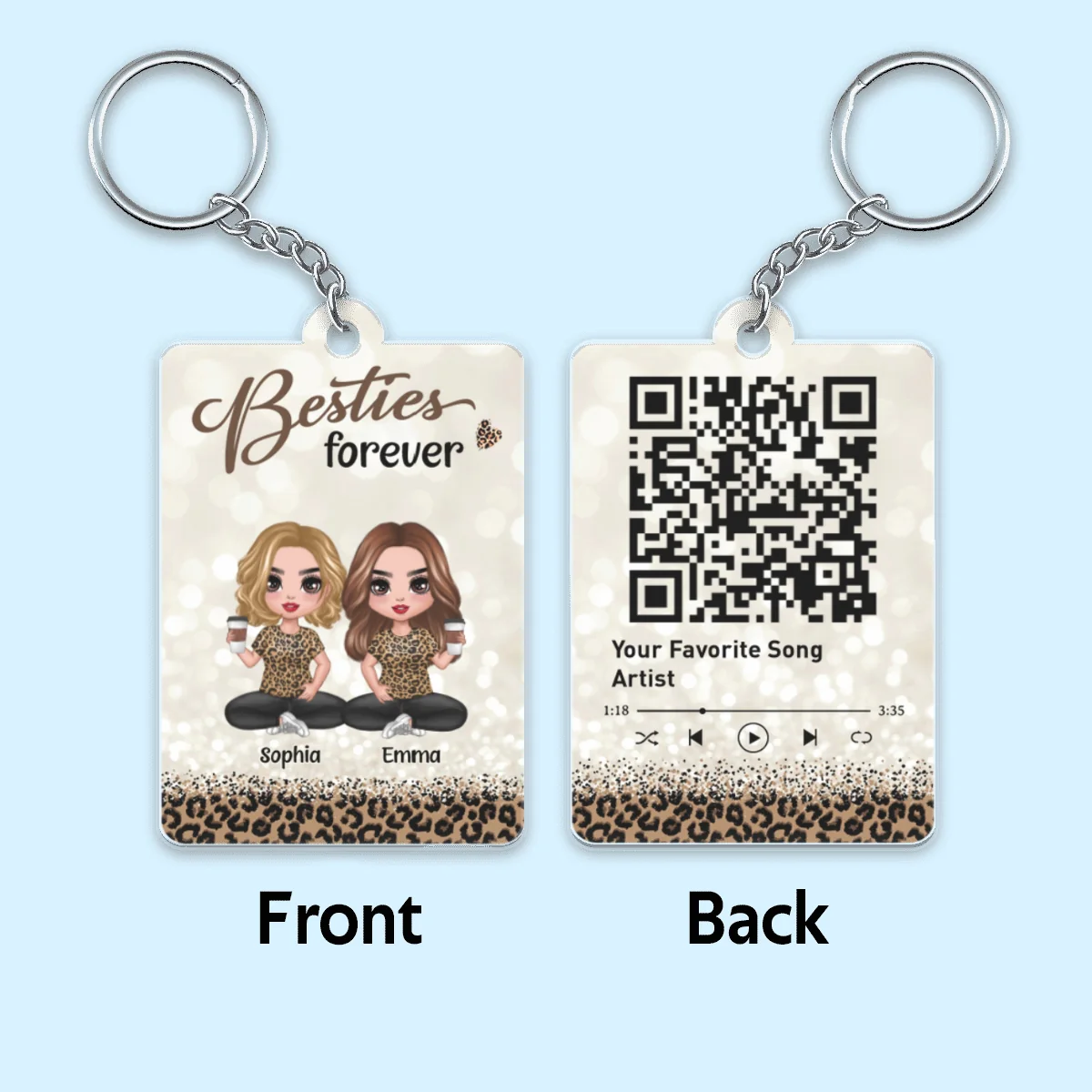 Leopard Pattern Doll Besties Sisters Sitting Favorite Song Scannable QR Code Personalized Acrylic Keychain - Image 4