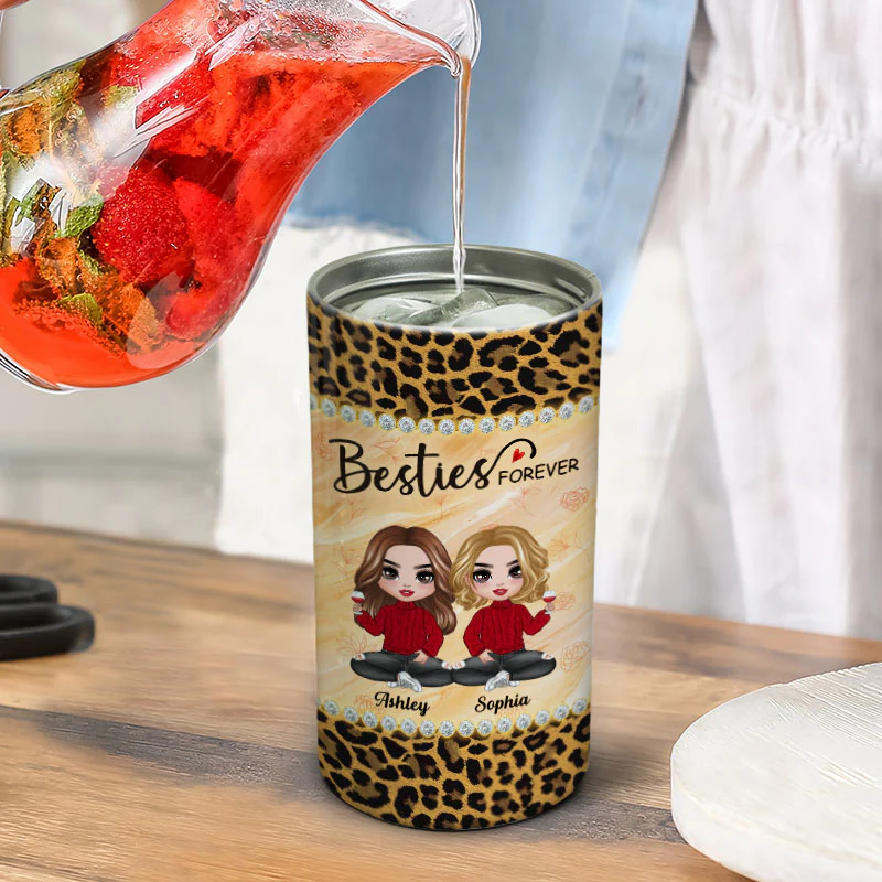 Leopard Pattern Doll Besties Sisters Sitting Personalized 4 In 1 Can Cooler - Image 4