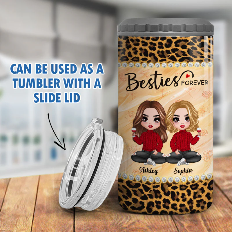 Leopard Pattern Doll Besties Sisters Sitting Personalized 4 In 1 Can Cooler - Image 7