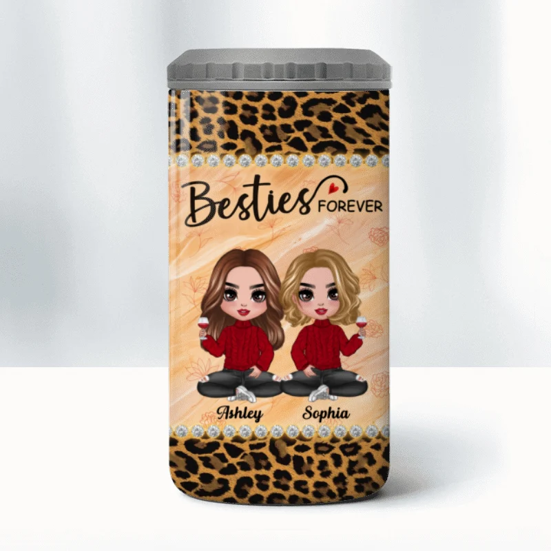 Leopard Pattern Doll Besties Sisters Sitting Personalized 4 In 1 Can Cooler - Image 8