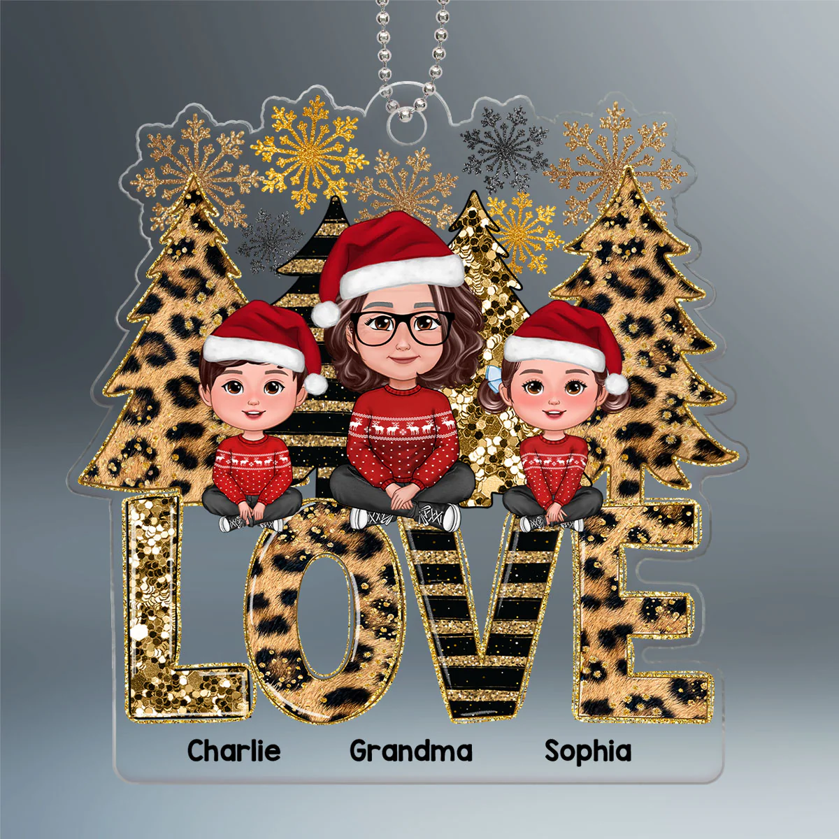 Leopard Stripes Pattern Christmas Tree Grandma Grandkids Personalized Acrylic Ornament - Image 2