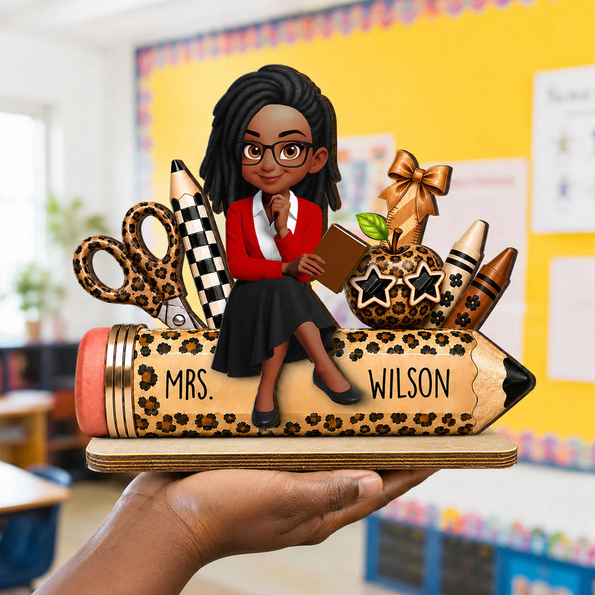Leopard Style Teacher Life Pencil School Suppliers - Personalized 2-Layered Wooden Plaque - Back To School Gift For Teacher, Classroom Decor - Image 5