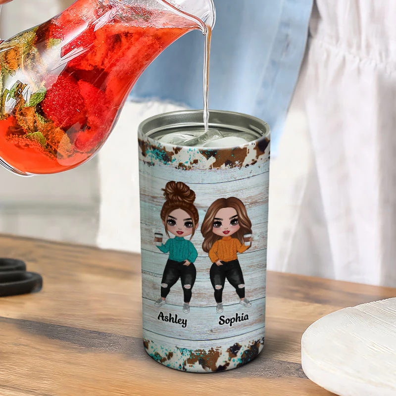 Leopard Watercolor Frame Besties Sisters Personalized 4 In 1 Can Cooler - Image 6