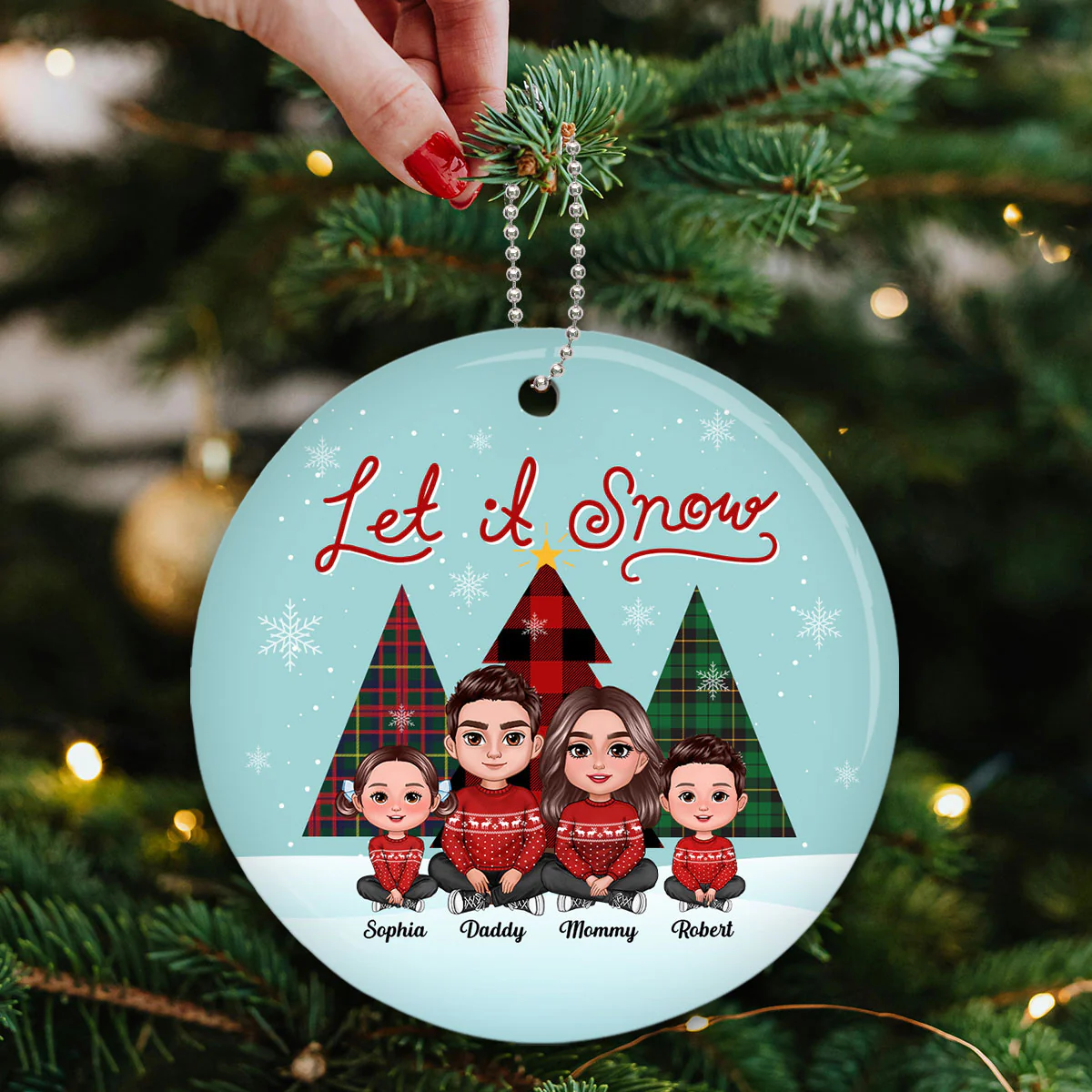Let It Snow Family Sitting By Christmas Trees Personalized Ceramic Ornament - Image 5