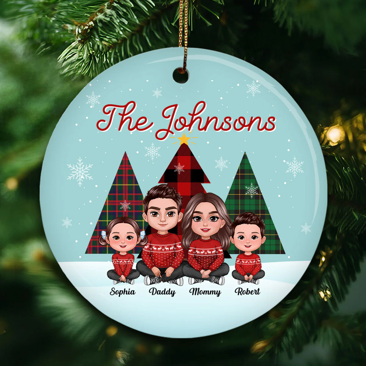 Let It Snow Family Sitting By Christmas Trees Personalized Ceramic Ornament - Image 6