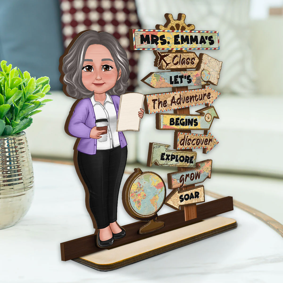 Let's The Adventure Begins Personalized 2-Layer Standing Wooden Plaque, Classroom Decoration, Desk Decor - Image 3