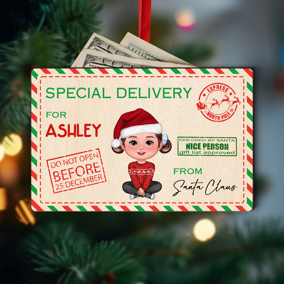 Letter From Santa Special Delivery For Cute Doll Kid Personalized Money Holder Ornament, Christmas Gift For Daughter Son Granddaughter Grandson