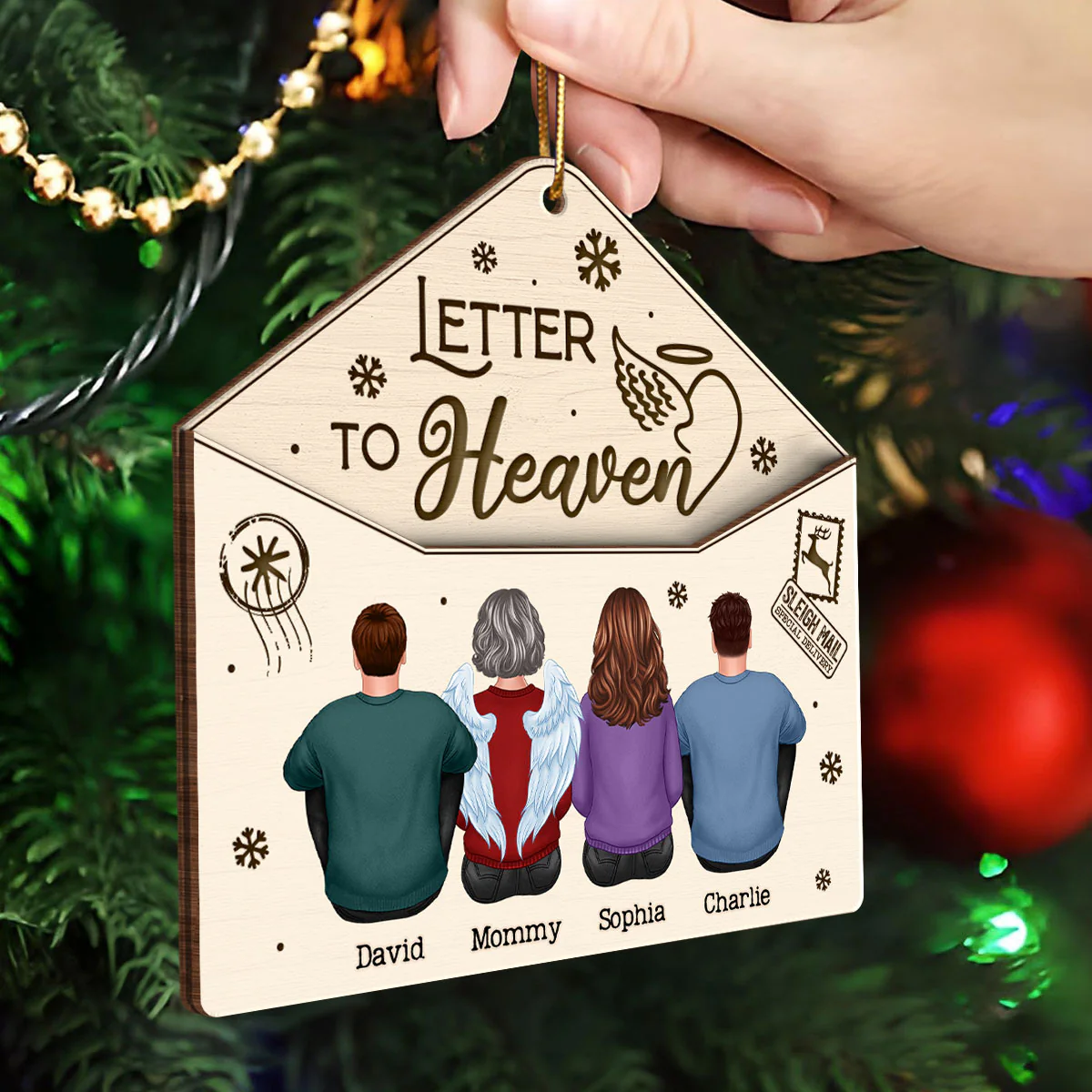 Letter To Heaven Family Sitting Memorial Personalized 3-Layer Wooden Ornament - Image 2