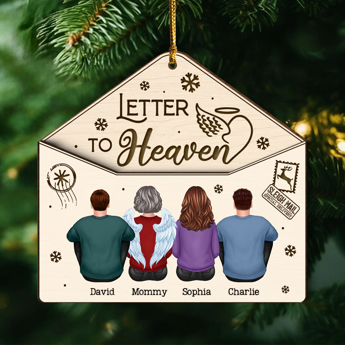 Letter To Heaven Family Sitting Memorial Personalized 3-Layer Wooden Ornament - Image 3