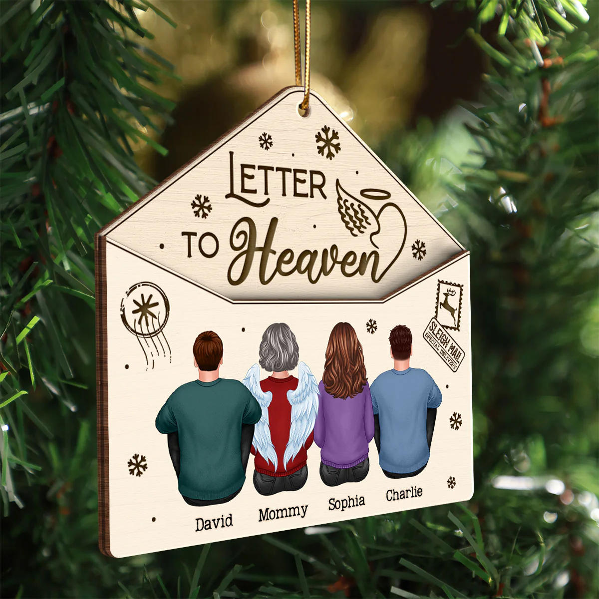 Letter To Heaven Family Sitting Memorial Personalized 3-Layer Wooden Ornament - Image 4