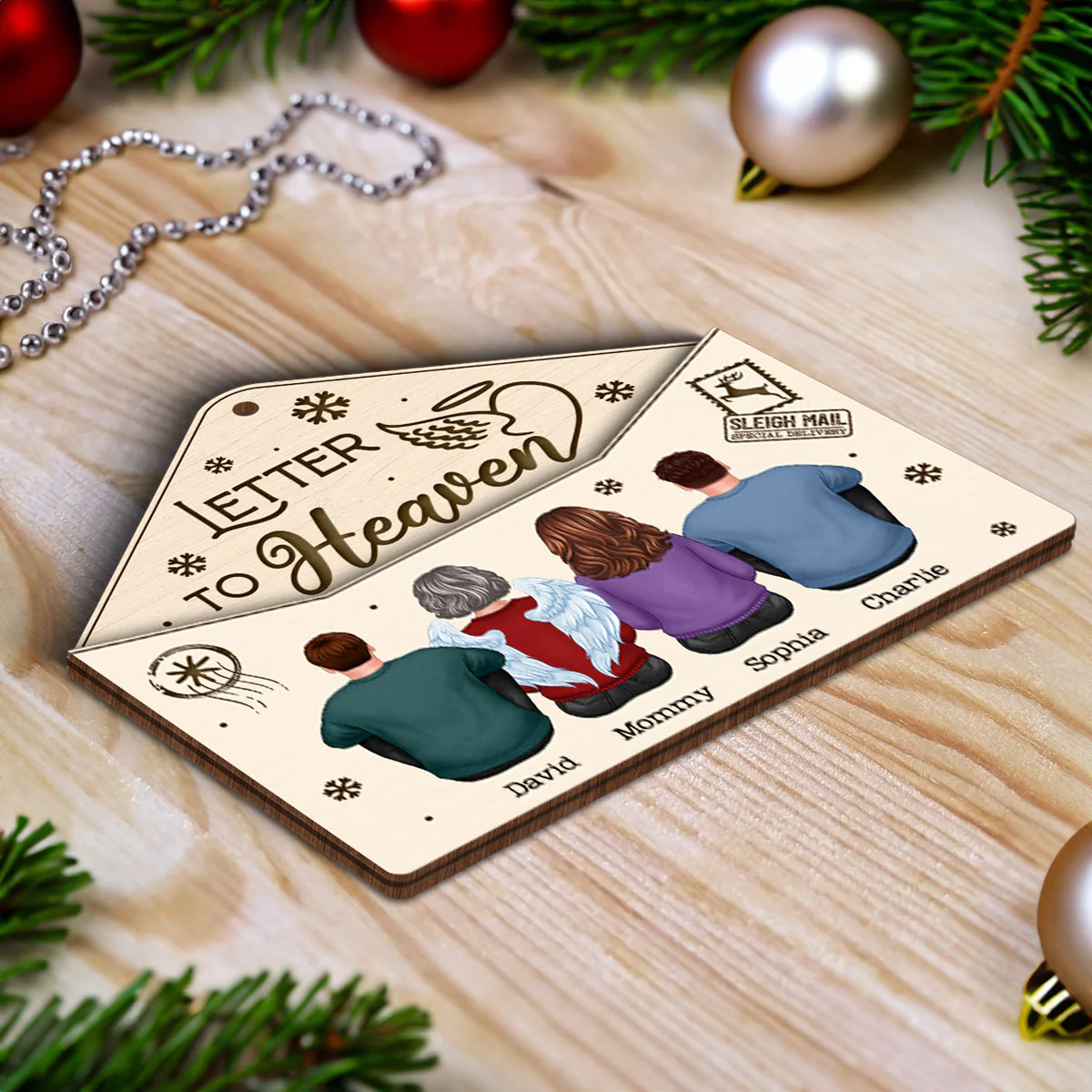 Letter To Heaven Family Sitting Memorial Personalized 3-Layer Wooden Ornament - Image 5