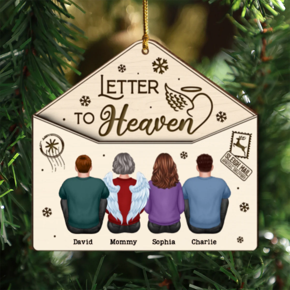 Letter To Heaven Family Sitting Memorial Personalized 3-Layer Wooden Ornament - Image 8