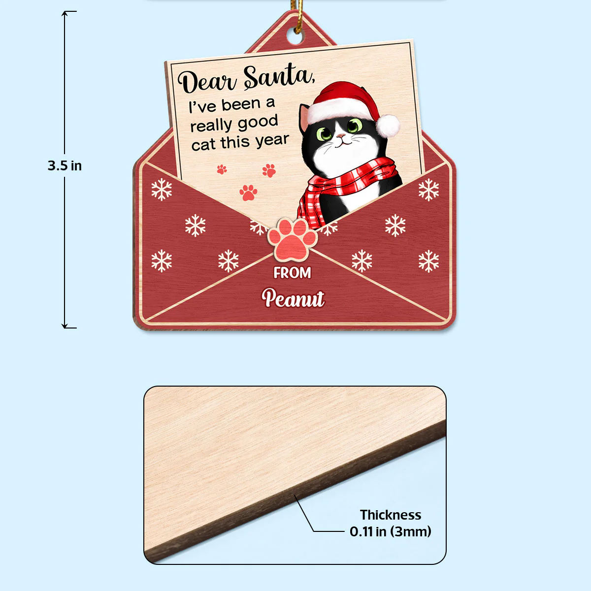 Letter To Santa From Cute Fluffy Cat Personalized Wooden Ornament - Image 4