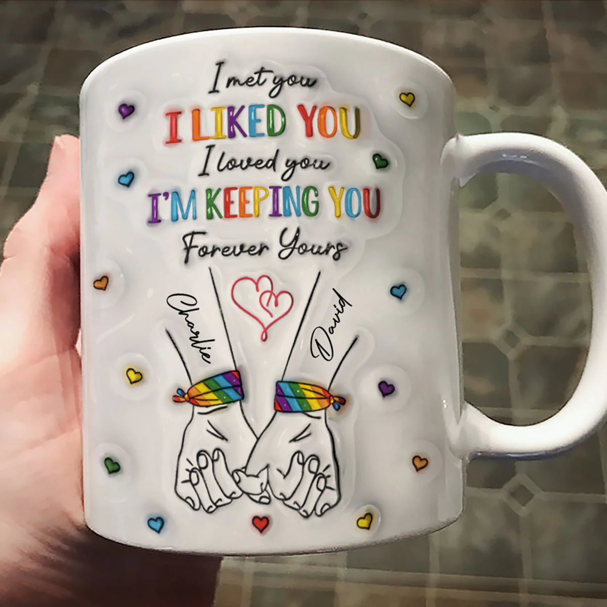 LGBT Couple Hands Pinky Promise Personalized 3D Inflated Effect Printed Mug - Image 2