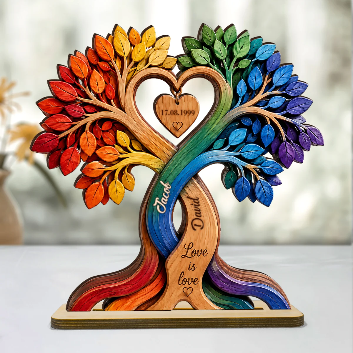 LGBT Couple Heart Tree - Personalized 2-Layered Wooden Plaque - Anniversary Gift for Him, Gift for Her - Image 10