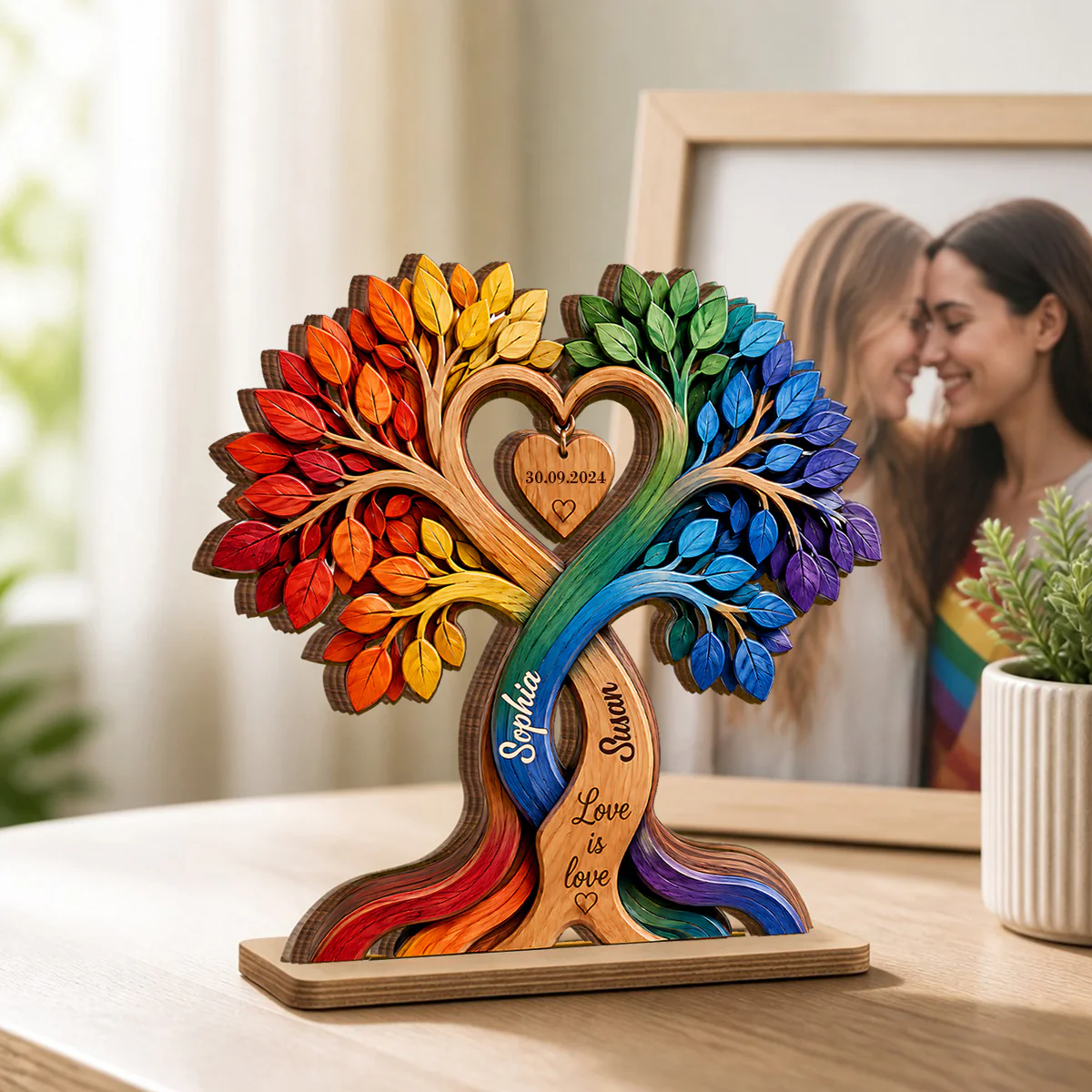 LGBT Couple Heart Tree - Personalized 2-Layered Wooden Plaque - Anniversary Gift for Him, Gift for Her - Image 2