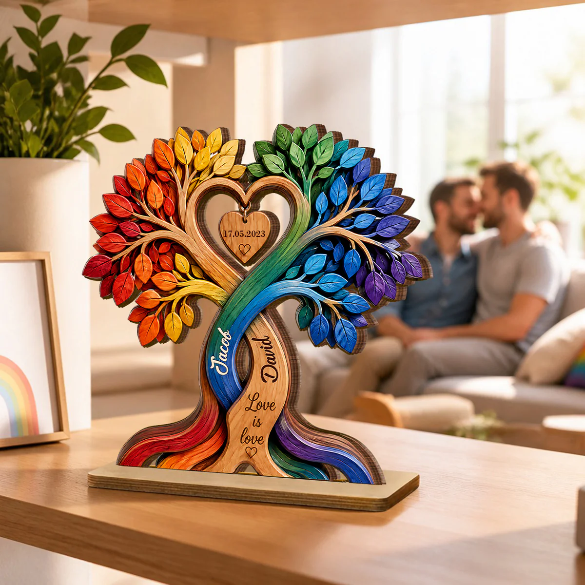 LGBT Couple Heart Tree - Personalized 2-Layered Wooden Plaque - Anniversary Gift for Him, Gift for Her - Image 3